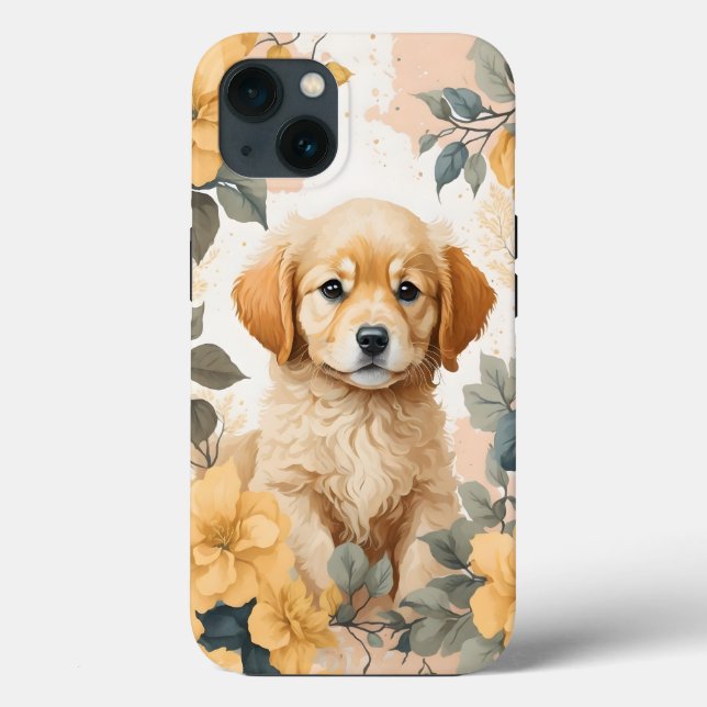 Cute Golden Retriever Puppy Gula blommor (Baksida)