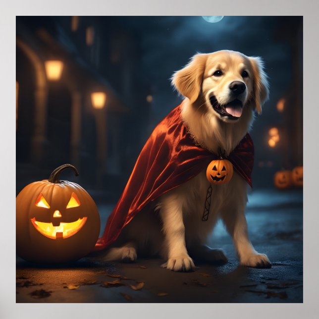 Cute Golden Retriever Puppy Hund Halloween Natt Poster (Framsidan)