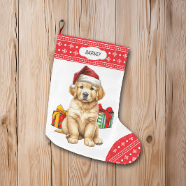 Cute Golden Retriever Puppy Santa Hat Snowflake Stor Julstrumpa