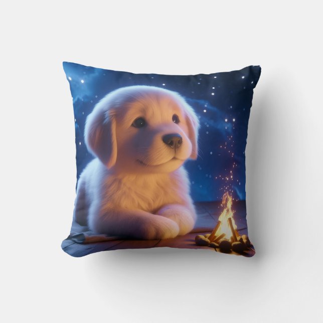 Cute Golden Retriever Puppy Under Starry Night Sky Kudde (Framsida)