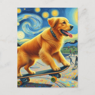 Cute Golden Retriever Skateboarding Vykort