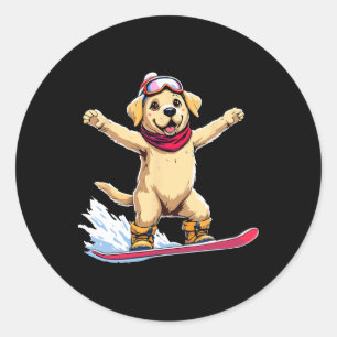 Cute Golden Retriever Snowboarding Äventyr Runt Klistermärke