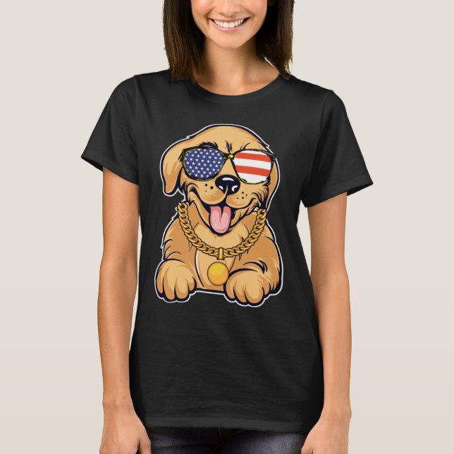 Cute Golden Retriever With USA Sunglasses Patrioti T Shirt (Framsida)