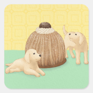 Cute Golden Retrievers and Dessert Fyrkantigt Klistermärke