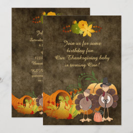 Cute Golden Thanksgiving Turkey Boy's 1a Birthday Inbjudningar