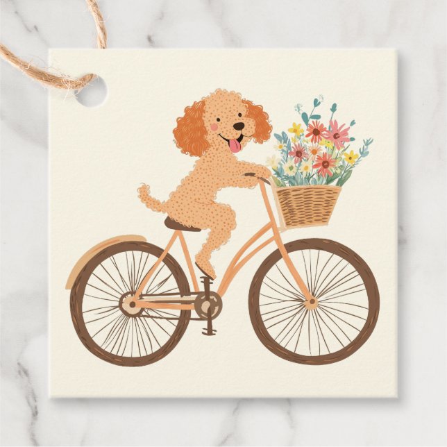 Cute Goldendoodle Hund Biking Vår blommor Gåvor Etiketter (Framsida)