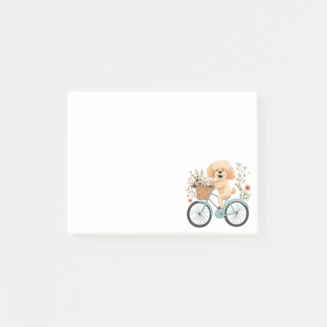 Cute Goldendoodle Hund Biking Vår blommor Post-it Block (Framsida)