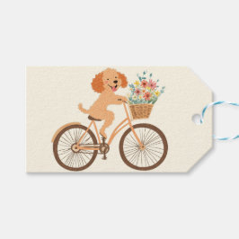Cute Goldendoodle Hund Biking Vår blommor Presentetikett