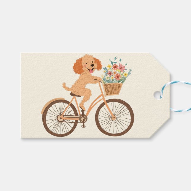 Cute Goldendoodle Hund Biking Vår blommor Presentetikett (Framsidan (Horisontell))
