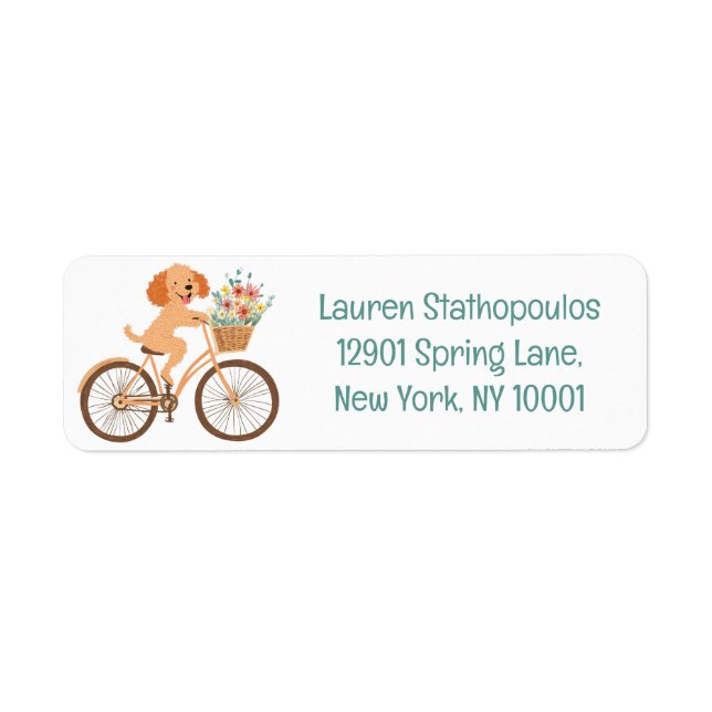 Cute Goldendoodle Hund Biking Vår blommor Returadress Etikett (Framsidan)