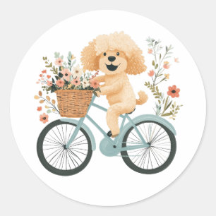 Cute Goldendoodle Hund Biking Vår blommor Runt Klistermärke