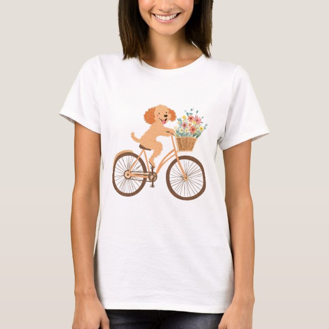 Cute Goldendoodle Hund Biking Vår blommor T Shirt (Framsida)