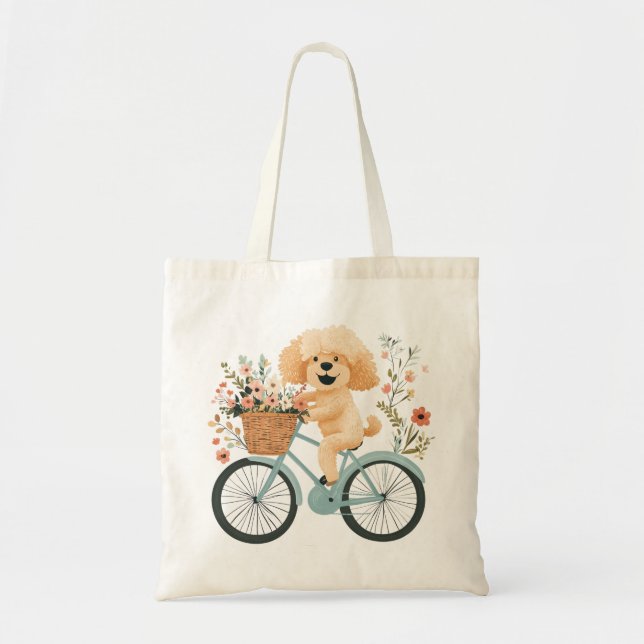 Cute Goldendoodle Hund Biking Vår blommor Tygkasse (Framsidan)
