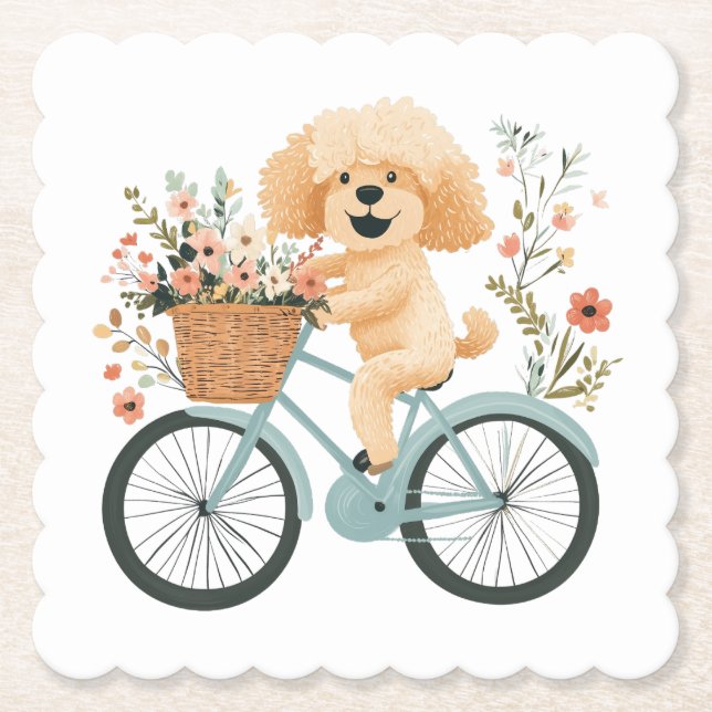 Cute Goldendoodle Hund Biking Vår blommor Underlägg Papper (Framsida)