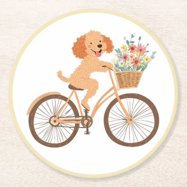 Cute Goldendoodle Hund Biking Vår blommor Underlägg Papper Rund (Framsidan)