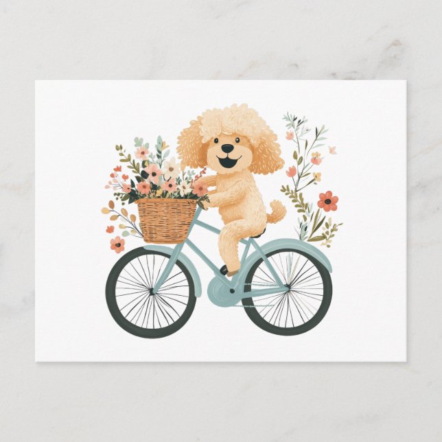Cute Goldendoodle Hund Biking Vår blommor Vykort (Framsida)