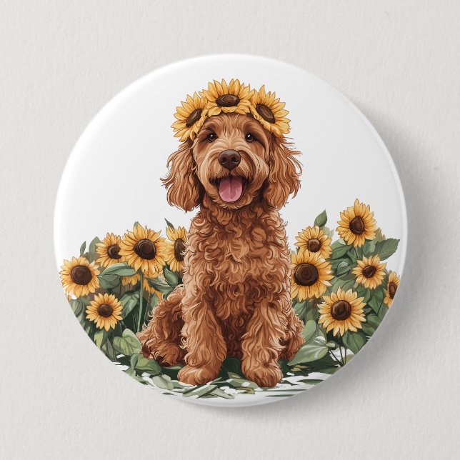 Cute Goldendoodle Hund med solros Krona Knapp (Framsida)