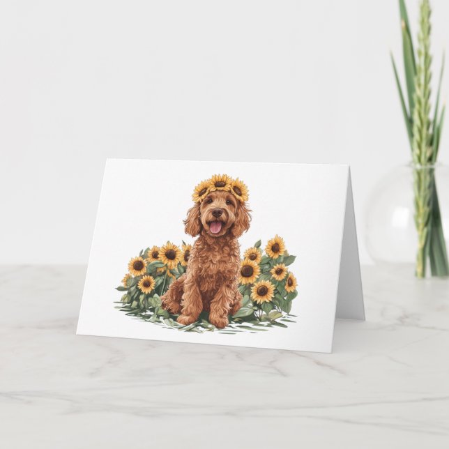 Cute Goldendoodle Hund med solros Krona Kort (Framsida)