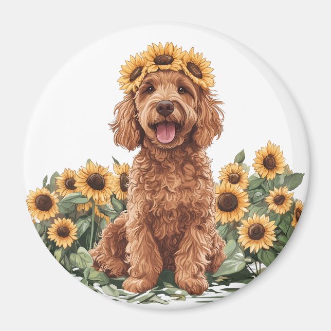 Cute Goldendoodle Hund med solros Krona Magnet (Framsidan)