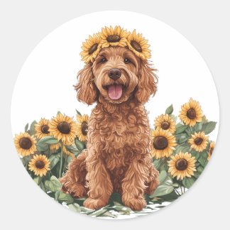 Cute Goldendoodle Hund med solros Krona Runt Klistermärke