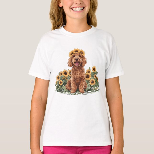 Cute Goldendoodle Hund med solros Krona T Shirt (Framsida)