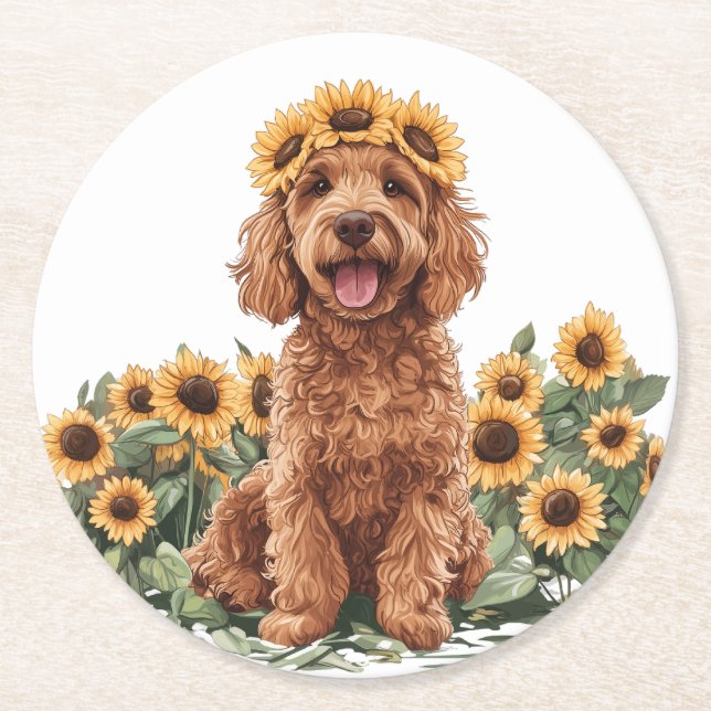 Cute Goldendoodle Hund med solros Krona Underlägg Papper Rund (Framsidan)