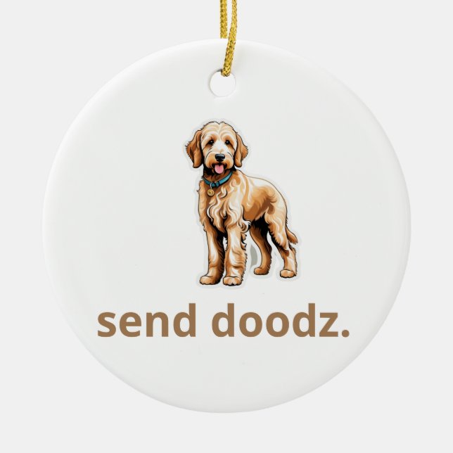 Cute Goldendoodle Hund "Send Doodz" 2 Julgransprydnad Keramik (Framsidan)