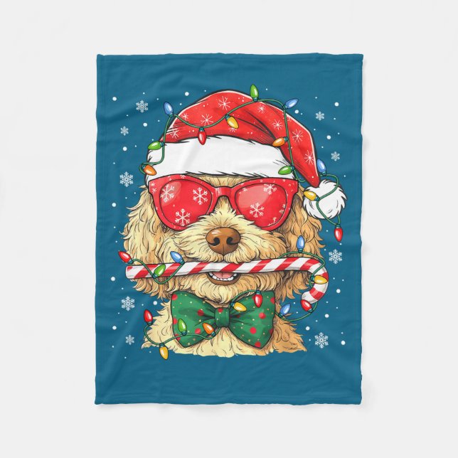 Cute Goldendoodle Santa Hat Xmas Lights Goldendood Fleecefilt (Framsidan)