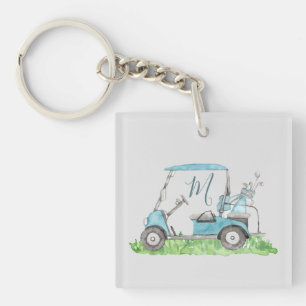 Cute Golf Cart Blue Watercolor Monogram