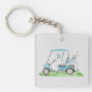Cute Golf Cart Blue Watercolor Monogram