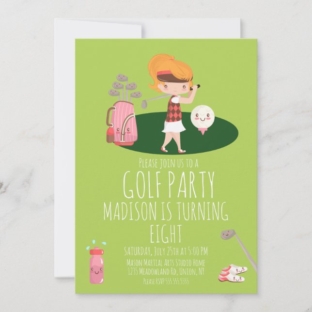 Cute Golf Girl's Födelsedagsfest Inbjudningar (Framsida)