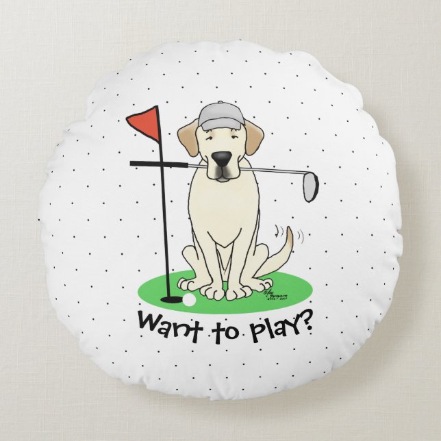 Cute Golf Gult Labrador Retriever Hund Rund Kudde (Framsidan)