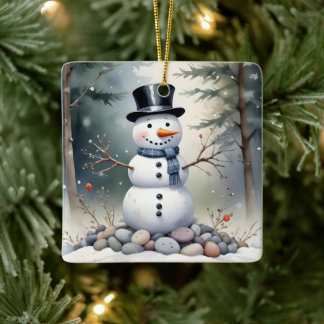 Cute Gorgeous Snowman Frosted Landscape Forest Julgransprydnad Keramik