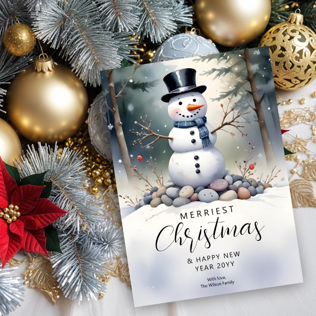 Cute Gorgous Snögubbe Frosted Ligcape Forest Julkort (Cute Gorgeous Snowman Frosted Landscape Forest Christmas Holidays Cards.)