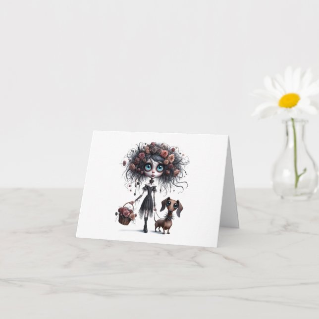 Cute Goth Flower Girl med Dachshund Greeting Card Kort (Liten växt)