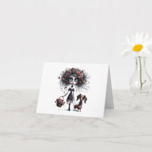 Cute Goth Flower Girl med Dachshund Greeting Card Kort