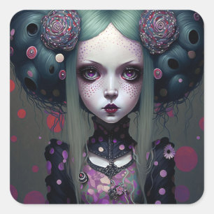Cute Goth Girl Lila Black Fantasy Art Fyrkantigt Klistermärke