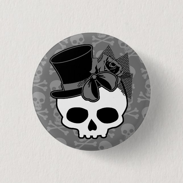 Cute Goth Skull med Top hat Ro Bow Knapp (Framsida)