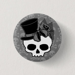 Cute Goth Skull med Top hat Ro Bow Knapp