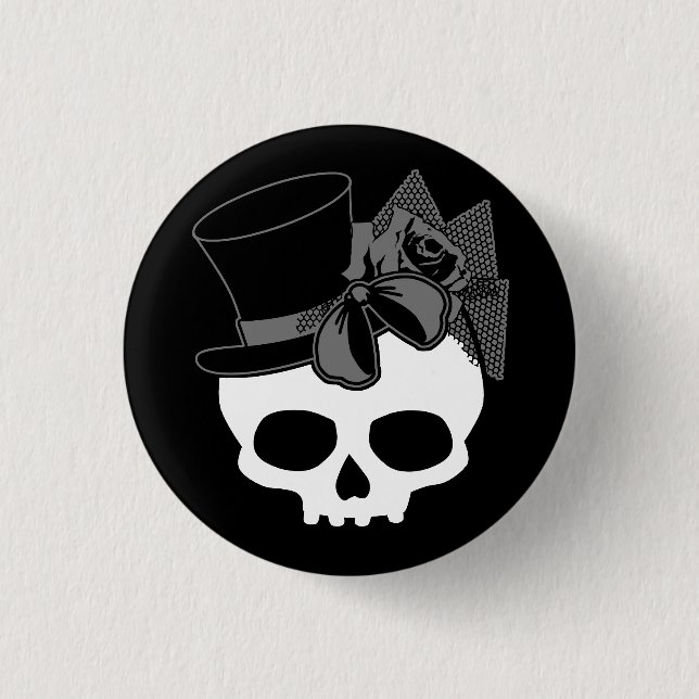 Cute Goth Skull med Top hat Ro Bow-knapp Knapp (Framsida)