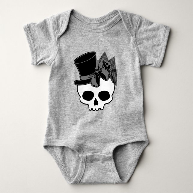 Cute Goth Skull med Top hat Ro Bow T Shirt (Framsida)