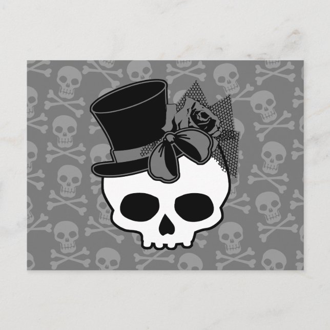 Cute Goth Skull med Top hat Ro Bow Vykort (Framsida)