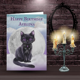 Cute Gothic Black Cat Full Moon Birthday Card Kort