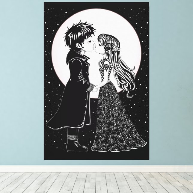 Cute Gothic Emo Kids Kiss Valentine Day Canvastryck (Insitu (trägolv))