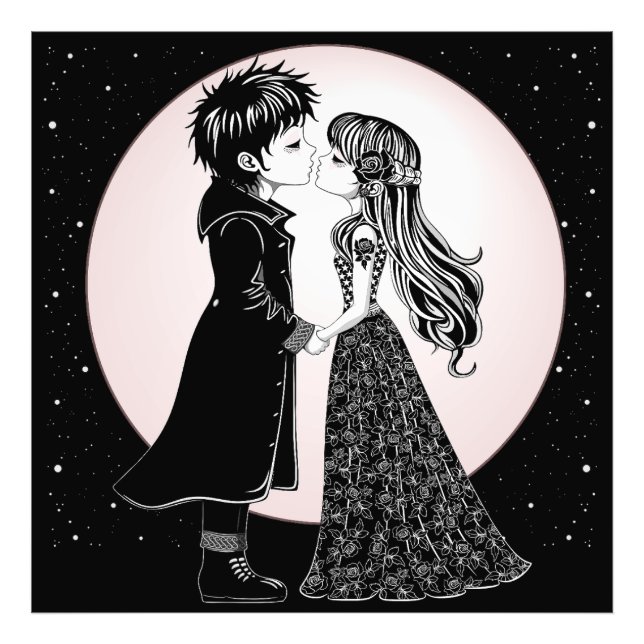 Cute Gothic Emo Kids Kiss Valentine Day Fototryck (Framsidan)