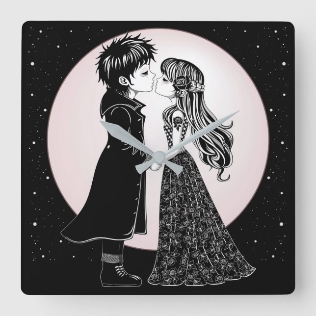 Cute Gothic Emo Kids Kiss Valentine Day Fyrkantig Klocka (Framsida)