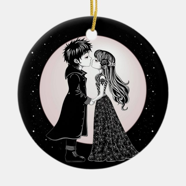 Cute Gothic Emo Kids Kiss Valentine Day Julgransprydnad Keramik (Framsidan)