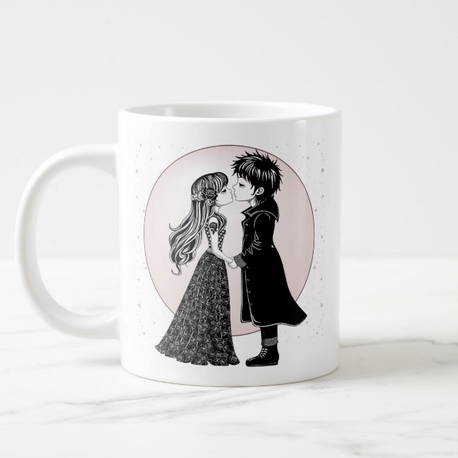 Cute Gothic Emo Kids Kiss Valentine Day Jumbo Mugg (Vänster)