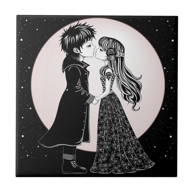 Cute Gothic Emo Kids Kiss Valentine Day Kakelplatta (Framsidan)