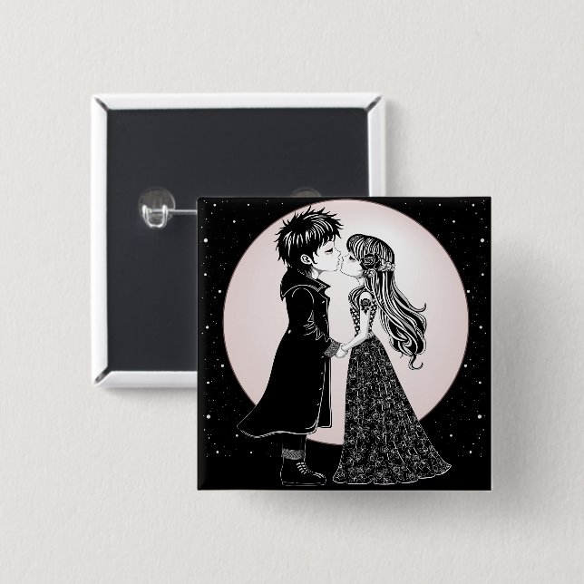 Cute Gothic Emo Kids Kiss Valentine Day Knapp (Framsida & baksida)